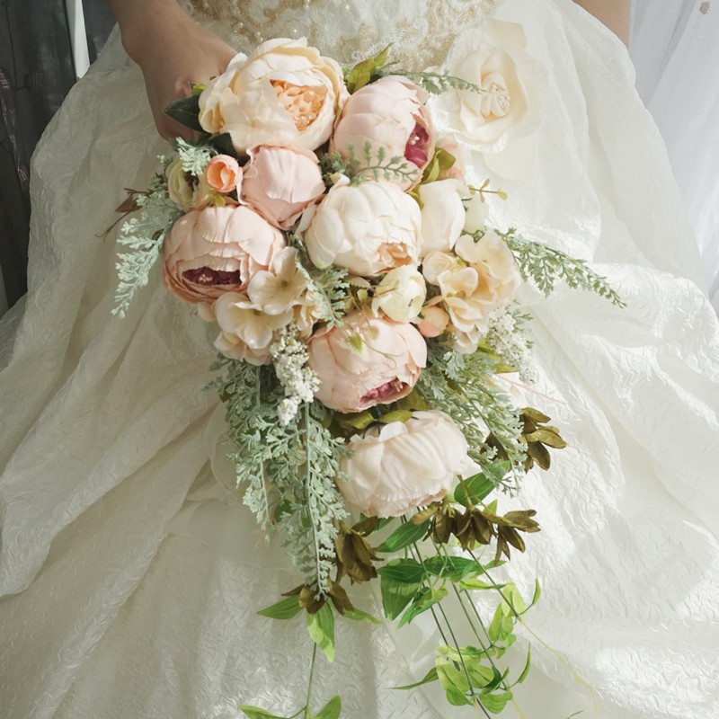 Customized champagne simulation flower peony bride Waterfall wedding bouquet