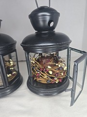 Set of 2 Black American Candle Lanterns Aluminum Metal And Glass With Candles