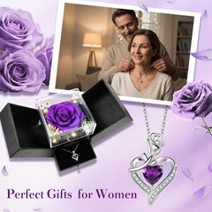 Sereney Preserved Purple Flower Rose with Necklace, Forever Purple,