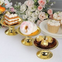 Gold 12 Plastic 5″ Round Mini Cupcake Dessert Display Stands Beaded Rim Party