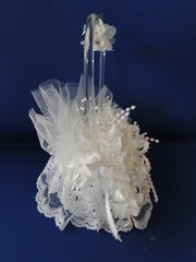 New Elegant Wedding Heart with white floral, pearl swigs Wedding Cake top #66
