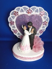 New Medium Dark skin Bride & Groom Wedding CakeTop, pink decor & heart, #334