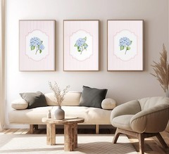 Blue Hydrangea Wall Art Pink Striped Rustic Farmhouse Floral Pictures Wall De…