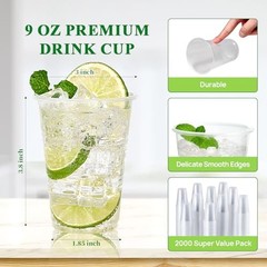 2000 Pack 9 OZ Clear Plastic Cups, 9 Ounce Disposable 9oz-2000pack-clear-cups
