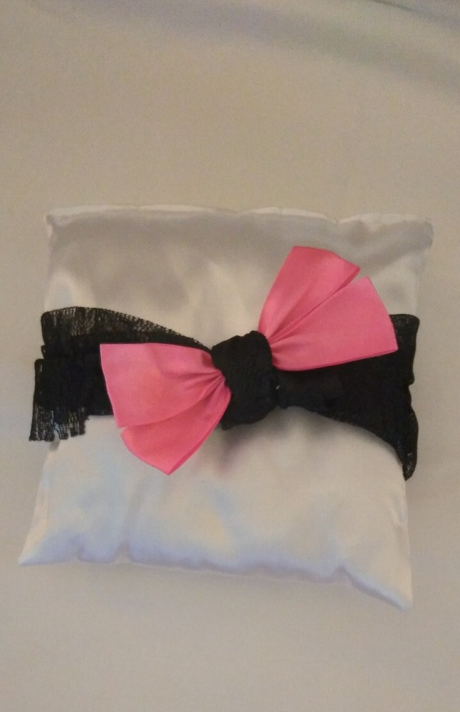 New wedding ring pillow White satin with black & hot pink Domichcreations 