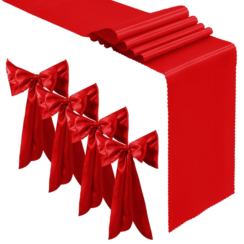 Aormenzy 4 Pcs Red Satin Table Runners 12 x 108 Inch, Silky Wedding Table Run…