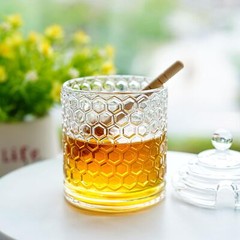 Clear Crystal Honey Pot with Dipper and Lid,Glass Jar Hexagon