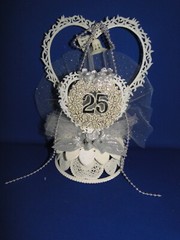 New 25th Wedding Anniversary Double Heart & Bells, silver flowers caketop #46
