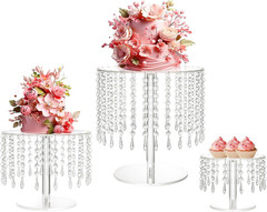 Acrylic Wedding Cake Stand Set – 3 Clear Round Stands with Crystal Pendants