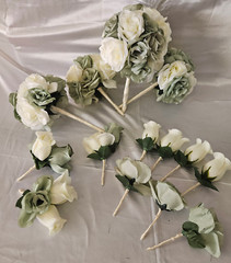 Wedding Bouquet Package, Ivory, Green, White, Roses, 14 Pieces