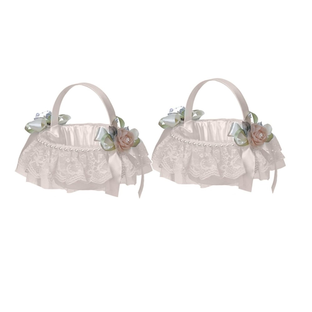2 PCS White Polyester Wedding Flower Girl Baskets Cute Handle Decoration
