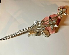 Metal Pink Rose and Bud with trimmed silver lacquered Long Stem