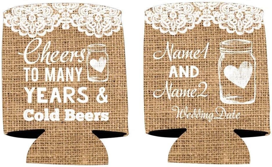 Custom Rustic Wedding Can Coolers, Cheers to many Years and Cold Beers