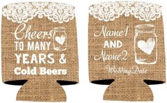 Custom Rustic Wedding Can Coolers, Cheers to many Years and Cold Beers
