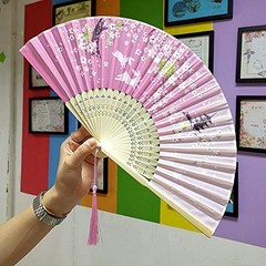 4 Pack Folding Hand Fan Bamboo Compartments with Tassel Women Hollow Bamboo Ha…