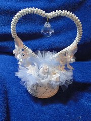 New White Pearl & blue bead Heart with tulle & white floral Wedding CakeTop 416