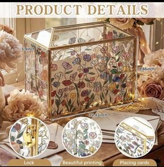 Glass Wedding Card Box, Heart Lock & Key, Floral, For Cards, Gifts Bride Groom