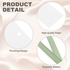 100Pack Blank Place Card with Green & Beige Ribbon, 3.54 x 1.57 Inch, White