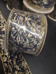 Exquisite Navy Sheer Ribbon, 10 Yards, Gold Leaf Stamped Floral Vine, Wired 2″