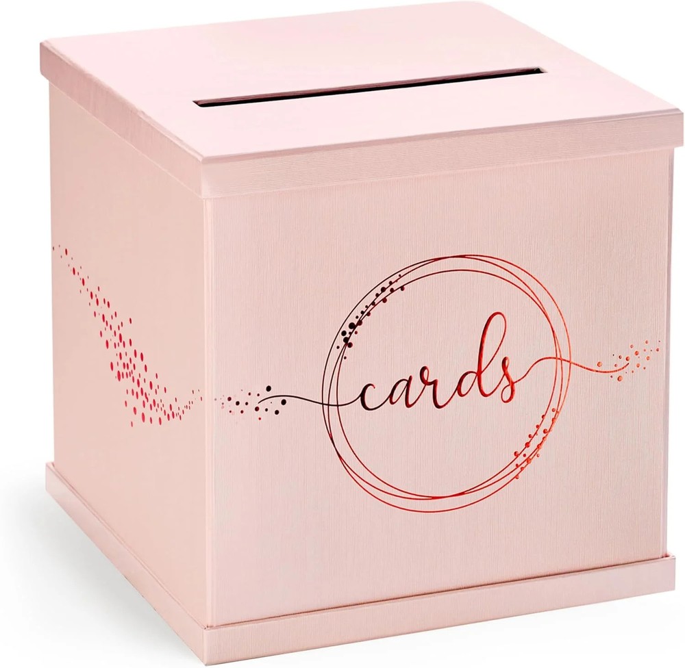 Pink Rose Gold Card Box for Party, Large 10″ Gift Card Box Birthday, Bridal & Ba