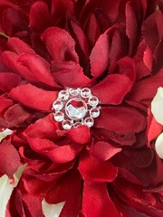 2 Silk Flower Bouquets Red/Ivory/Green w/Rhinestones & Faux Pearls 2 piece set
