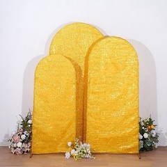 3 GOLD Metallic Tinsel Round Top Arch Polyester STAND COVERS Set Party Events