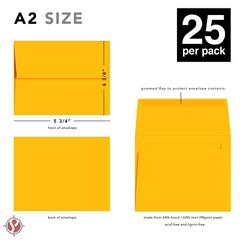 A2 Envelopes, 4 3/8″ x 5 3/4″, Gold, Square Flap, 24w (90gsm), 25 per Pack