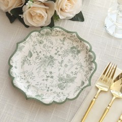 25 White Sage Green 8″ Floral Leaf Print Paper Plates Scalloped Rim Party Events