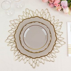 10.5″ Taupe Round Dinner Plates With Gold Scalloped Rim Wedding Tableware