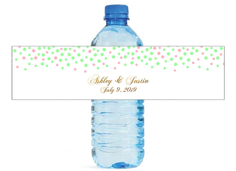Pink and Mint Confetti Falling on White with Gold Writing Water Bottle Labels
