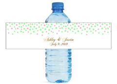 Pink and Mint Confetti Falling on White with Gold Writing Water Bottle Labels