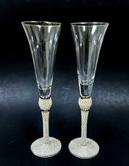 SET OF 2 SILVER RIM,SPARKLING CRYSTALS STEM,BASE CHAMPAGNE,FLUTE GLASS,HAND MADE