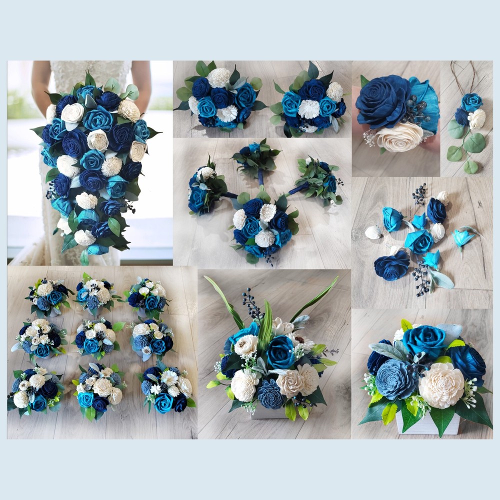 Blue Bridal Cascade Bouquet Sola Wood Wedding Flowers Cascading Bridesmaid Decor