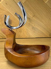 Nambe Holiday Reindeer Dish Bowl MT0887 Acacia Wood Alloy Antlers