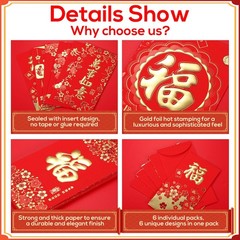 36pcs Chinese New Year Red Envelopes, 6 Style Gold Foil Fu 17x9cm, red, gold