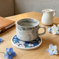 Round Glass Coaster Set, Birds and Floral Design, PVC and Glass, 4.33 Blue a