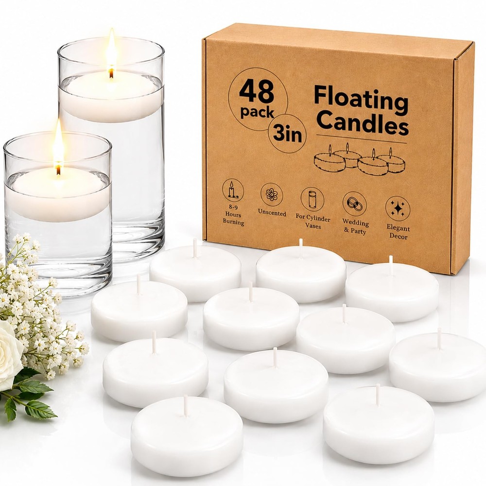 GINITIRI 3 inch White Floating Candles, 48 Pack 3 inch, White-48pack