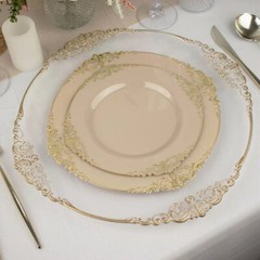 10 TAUPE GOLD 8″ Round Plastic Salad Dinner PLATES Embossed Baroque Rim Party