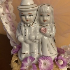 Vintage Glossy Bride And Groom With Pink Double Arches Wedding Cake Topper
