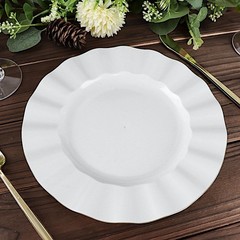 10 WHITE 9″ Round PLASTIC Salad Dinner PLATES Gold Wavy Rim Wedding Party
