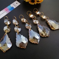 12PCS 120mm Champagne Maple Leaf Pendant GoldRing Crystal Beads Chandelier Decor