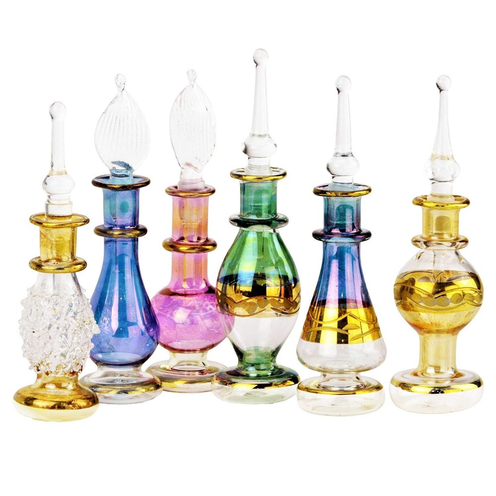 NileCart Egyptian Perfume Bottles 6 Pack Size 2” Hand Blown With Multicolor