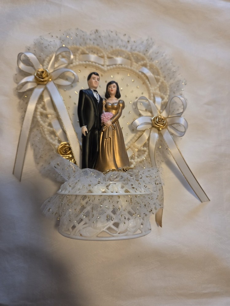 Vintage MCM 50th Wedding Anniversary Cake Topper White Lace Gold Trim Brown Hair