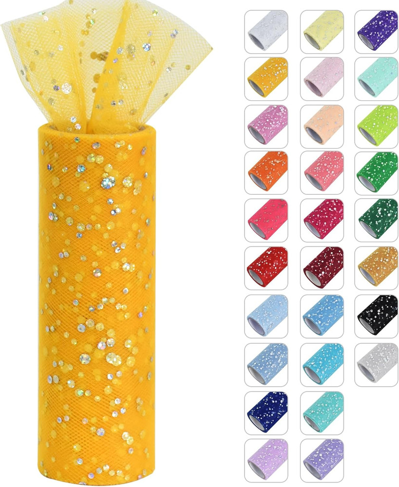 Yellow Glitter Tulle Rolls 6 Inch by 10 Yards Sequin Tulle Fabric Ribbon for DIY