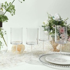 6 CLEAR Plastic Cylindrical Wine Glasses with Long Stem Party Wedding Tableware