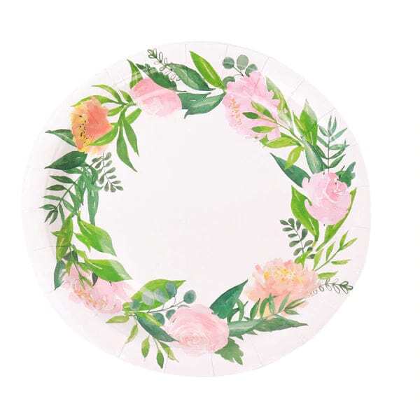 25 White 9″ Round Paper Plates with Flower Wreath Design Disposable Tableware