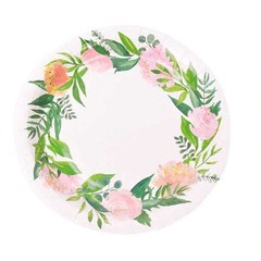 25 White 9″ Round Paper Plates with Flower Wreath Design Disposable Tableware