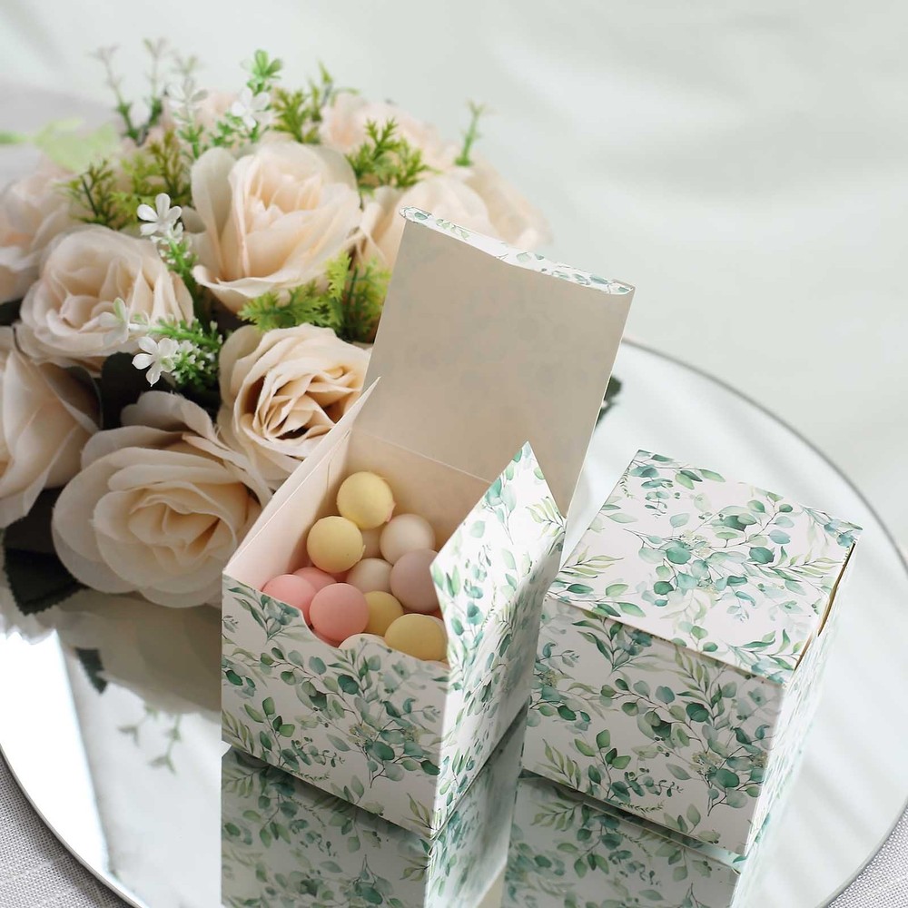 25 EUCALYPTUS Square 3″ x 3″ Favor BOXES Floral Printed Candy Holders Events
