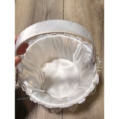 Vintage White Satin Lace Flower Girl Basket Faux Pearl Rhinestone Bow Wedding