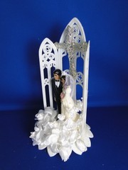 New Vintage Dark skin Bride & Groom chapel arch/cross Wedding Cake Top, # 298